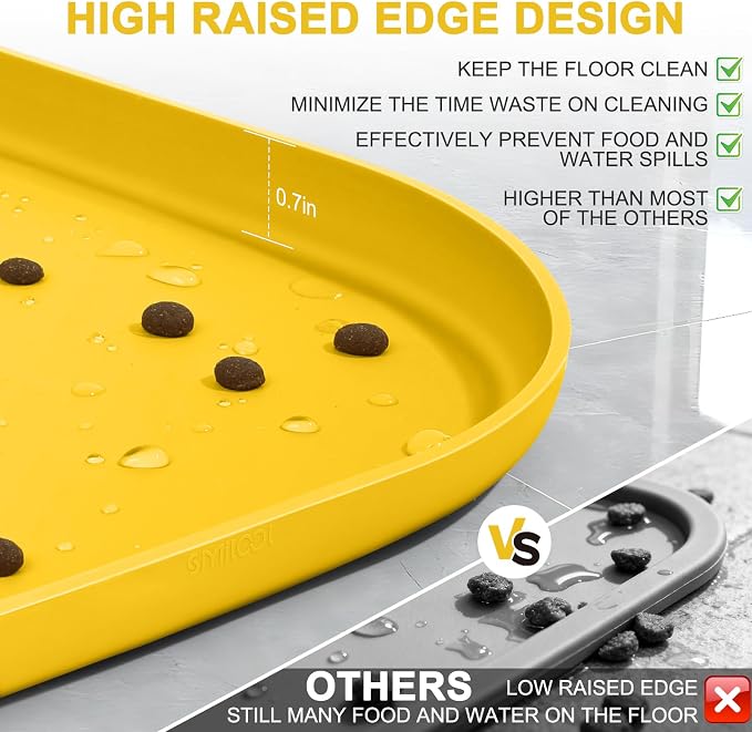 SMILOOL Waterproof Silicone Pet Food Mat with Raised Edge for Dog & Cat | 19" x 12" Non-Slip Pet Feeding Mats with Lip for Food & Water Bowl, Food Grade, Easy Cleaning, Vivid Yellow