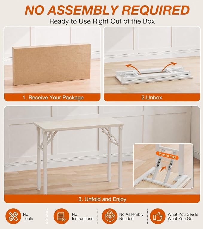 XBurmo Folding Desk Foldable Table, No Assembly 35.8" Foldable Desk Space-Saving Workstation for Small Space, Computer Table, Flat Storage for Home Office, Bedroom, Dorm, Study Room, White Ash