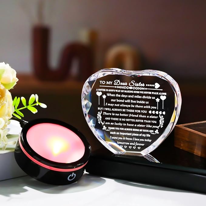Sister Birthday Gifts Meaningful Sister Gift with Colorful LED Base from Sister Brother Heart Crystal to My Sister Present Sister Gifts for Women on Christmas Mothers Day Valentines Wedding