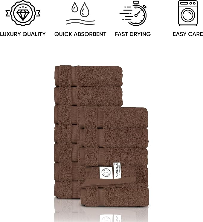 SALBAKOS 12-Piece 100% Turkish Cotton Washcloths and Face Towels, Chocolate | 13x13 in Standard Size Small Towel, Multi-use Bathroom & Kitchen, Thick Super Soft Absorbent Durable, Oeko-Tex Made in Turkey