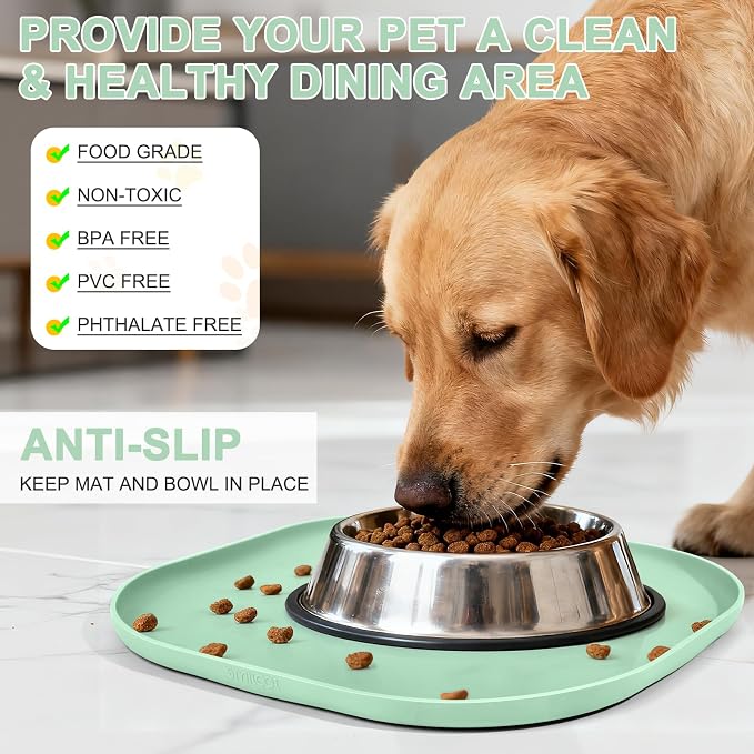 SMILOOL Waterproof Silicone Pet Food Mat with Raised Edge for Dog & Cat | 12" x 12" Non-Slip Small Pet Feeding Mats with Lip for Food & Water Bowl, Food Grade, Easy Cleaning, Mint Green