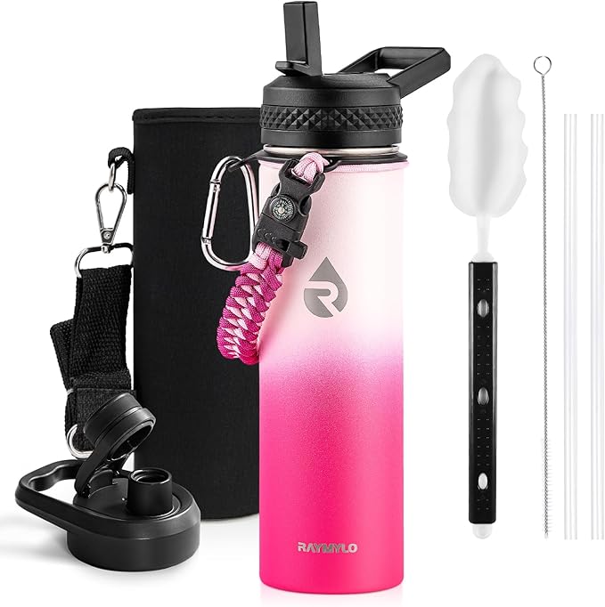 RAYMYLO Insulated Water Bottle 20 oz, Triple Wall Vacuum Stainless Steel (Cold for 24Hrs, Hot for 12Hrs), Leak Proof & Non-BPA, Modern Water Bottle Jug for School with Straw Spout Lids