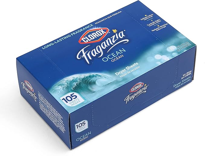 Clorox Fraganzia Fabric Softener Dryer Sheets Wrinkle Reducing Anti Static Laundry Dryer Sheets Great Smelling Clothes Softens Fabrics Fresh Ocean Scent 105 Count Single Box Home Dorm Laundry Room