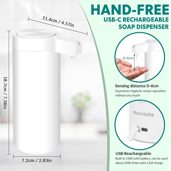 Automatic Soap Dispenser Stainless Steel with Sensor Infrared Soap Dispenser Electric IPX5 Waterproof USB-C Charging Motion Sensor for Kitchen & Bathroom (White)