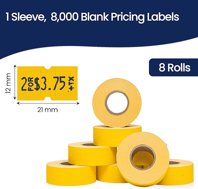 Perco 1 Line Yellow Labels - 8,000 Blank Price and Date Gun Labels for Perco Lite, X, Plus and Pro 1 Line Price and Date Guns- 8 Rolls, 1 Sleeve - Made in USA