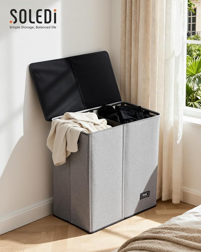 SOLEDI Large Double Laundry Hamper with Lid,165L Collapsible Clothes Hamper 2 section with Removable Bags, Space-Saving Laundry Basket for Bedroom, Dorm, College