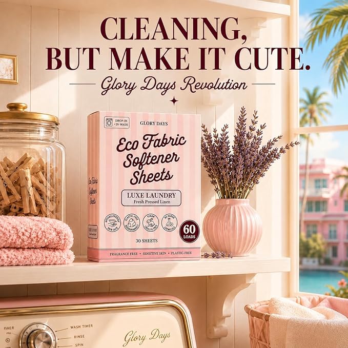 Glory Days Fabric Softener Sheets for Washer - Fresh Linen Scent, Replaces Liquid Softener, Plant-Based, Plastic-Free, Eco Friendly, 60 Loads