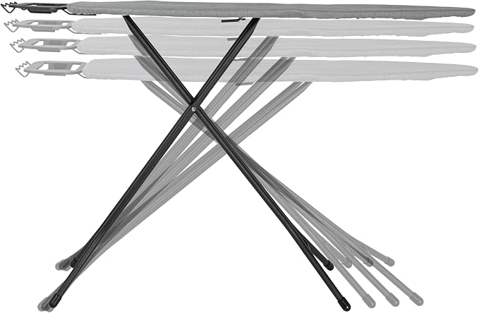 Household Essentials Ultra Ironing Board, 4-Leg, with Steel Top and Iron Rest, Cotton Cover with Fiber Pad, Heat and Stain Resistant, Matte Black Frame, Grey Cover