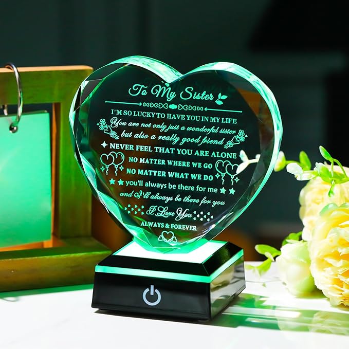Arikyrist Sister Gifts from Sister Brother with Colorful LED Base Birthday Gifts Idea for Sisters Crystal Heart Keepsake Sisters Gift for Women for Christmas Mother's Day Valentines