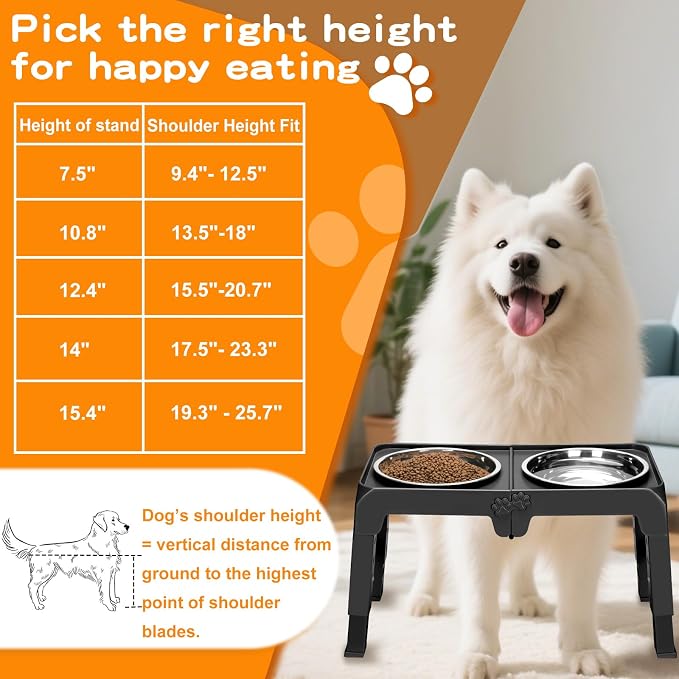 Elevated Dog Bowls for Large Dogs 5 Adjustable Heights 7.5"-15.4", 2 X-Large 10” Stainless Steel Bowls, Heavy Duty Raised Dog Bowl Stand Foldable Pet Feeder for Dogs Shoulder Height Over 15”, Black