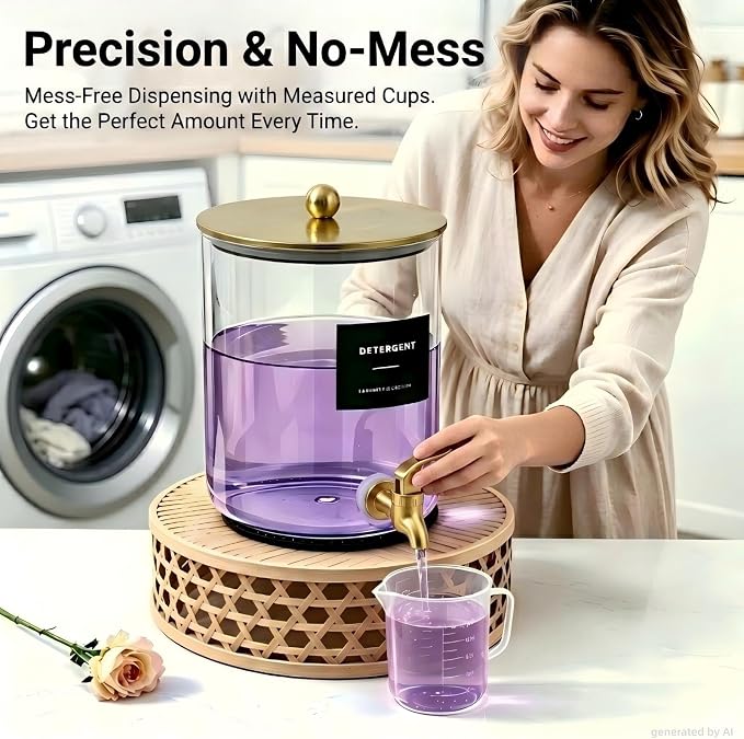 Glass Laundry Detergent Dispenser,1 Gallon Large Liquid Soap 1Pack(Gold) | Complete borosilicate jars set with leakproof spigots, protective silicone mats, minimalist labels, and dosing cups.