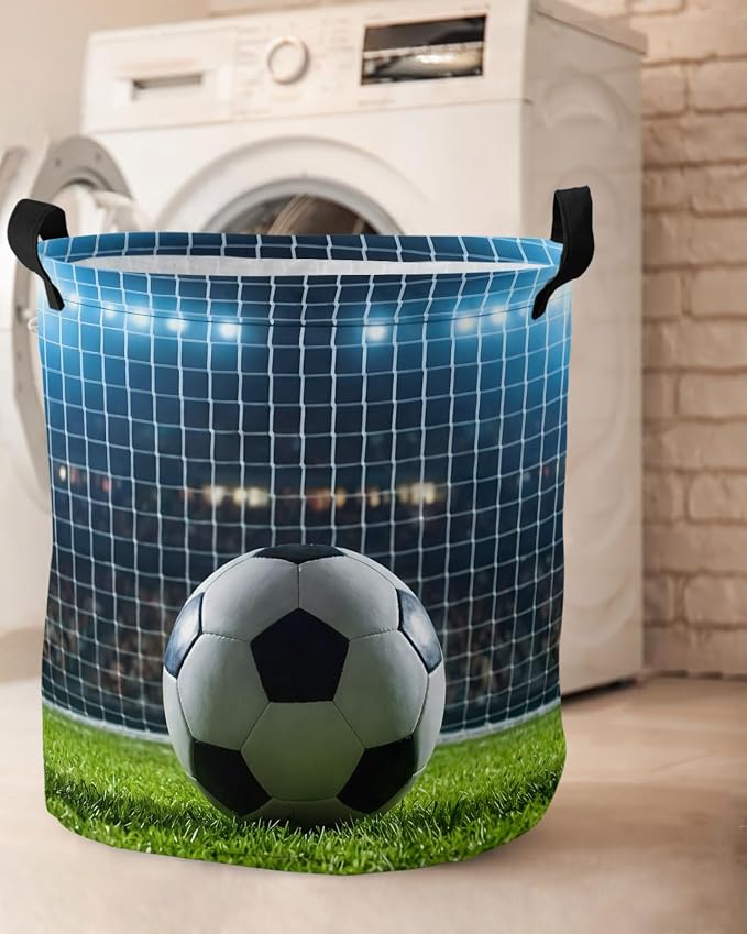 Collapsible Laundry Basket 60L, Football Storage Bin Laundry Hamper with Handles, Soccer Ball Sports Net Mesh Evening Match Waterproof Clothes Baskets for Bathroom/Bedroom 16.5 x 17 In