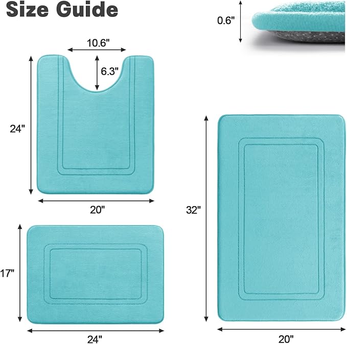 YIHOUSE Memory Foam Bath Mat Set, Bathroom Rugs Sets 3 Pieces, Non Slip Bath Mats for Bathroom, Super Soft and Water Absorbent Bath Rug Sets, Machine Washable U Shape Toilet Mats Set,Teal
