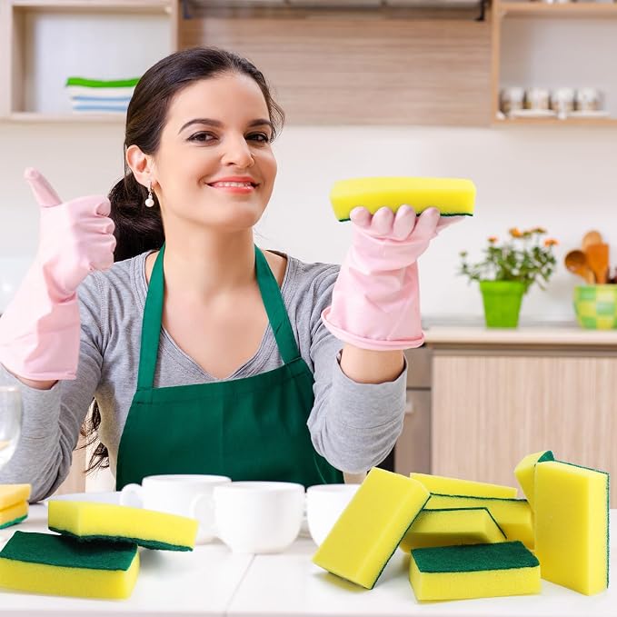 Tanlade 600 Pcs Individually Wrapped Dishwashing Sponge Bulk Non Scratch Scrub Sponges Kitchen Scouring Pad for Household Cleaning Rental Dishes Hotel Apartment Car (Yellow, Green)