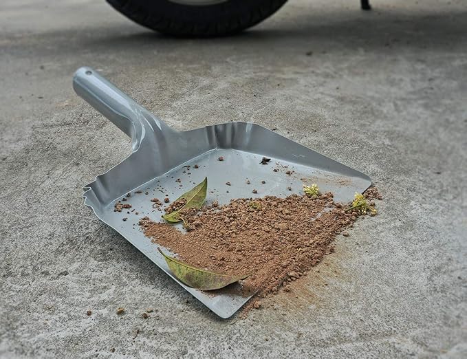 Metal Dust Pan and Brush Set Wooden Hand Broom, Handheld Dustpan for Fireplace, Garage, Workshop, 9" Wide