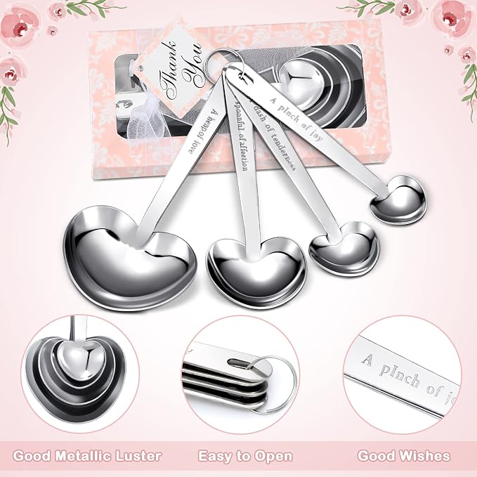 Yinder 50 Sets Heart Measuring Spoons Wedding Favors for Guests with Gift Box and Thank You Card, Bridal Shower Favors Bulk, Kitchen Measuring Spoon Gift Set for Party Souvenirs(Pink)