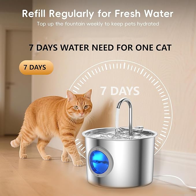 Cat Water Fountain Advanced 304 Stainless Steel 2.2L/74oz with Detachable Tank, Easy to Clean, Automatic Pet Fountain Quiet Cats Water Dispenser, Perfect for Cats Dogs Indoor