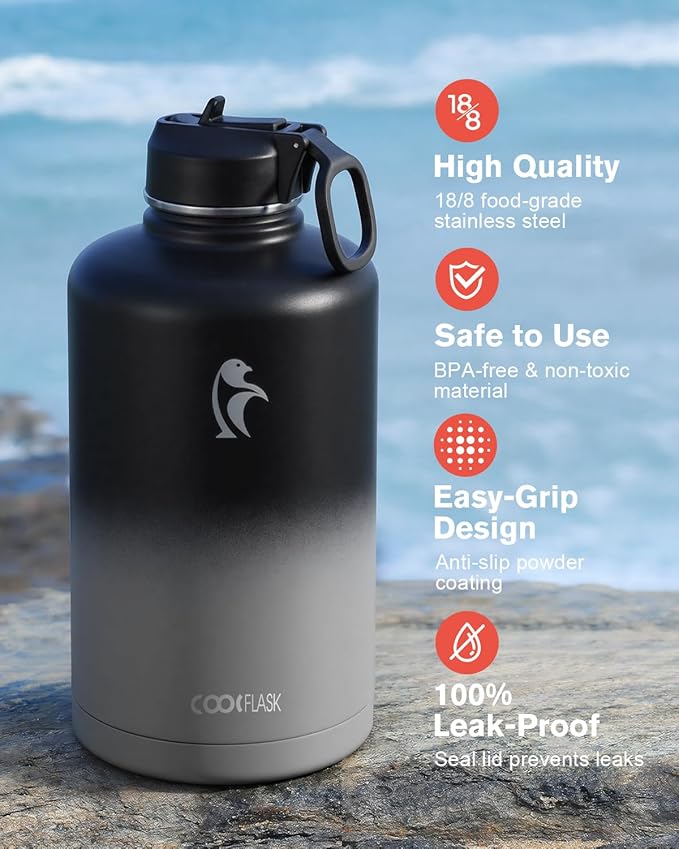 Coolflask Water Bottle 87 oz with Straw, 2/3 Gallon Insulated Stainless Steel 3 Lids Large Water Jug Wide Mouth for Sports or Office, Non-BPA Keep Cold Up to 48 Hrs or Hot Up to 24 Hrs, Piano Night