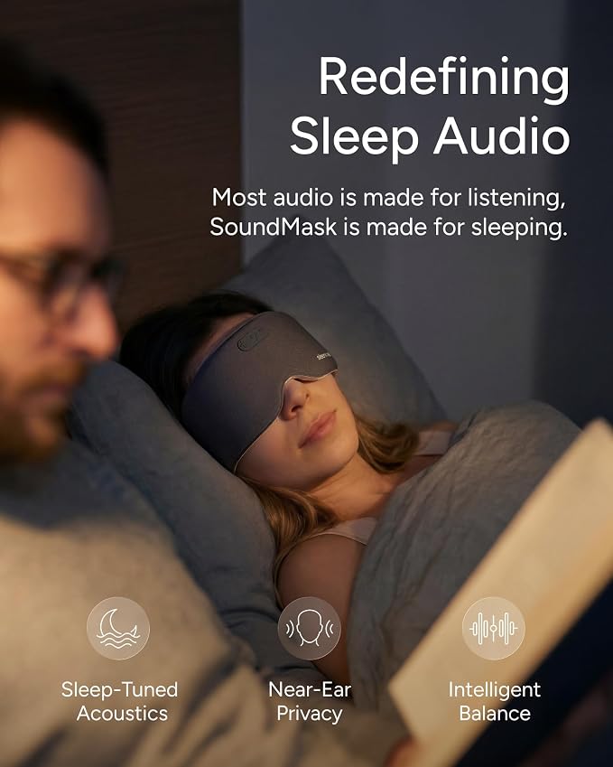 Sleenova SoundMask - Sleep Mask with Built-in Tuned Sleep Audio, Side Sleeper Optimized, Phone-Free Sleep & Nap, Bluetooth Modes