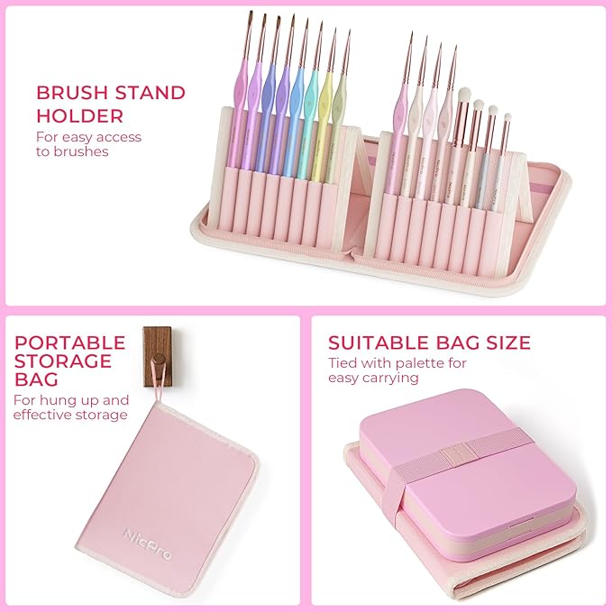 Nicpro Aesthetic Miniature Painting Kit, Stay Wet Palette & 16PCS Detail Paint Brushes Drybrush with Bag, Pallet Paper, Sponges, Mixing Paints Saver Palette for Acrylic, Paint by Numbers, Cute Figures