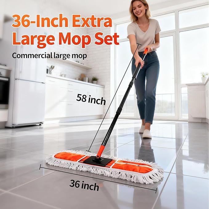 36" Large Commercial Dust Mops for Industrial Floor ，Marble, Laminate,Tile,Concrete,Garage. Janitor Broom Wide Dry mop for Hardwood ,Heavy Duty Long Handle Hotel Gym Household Cleaning Supplies