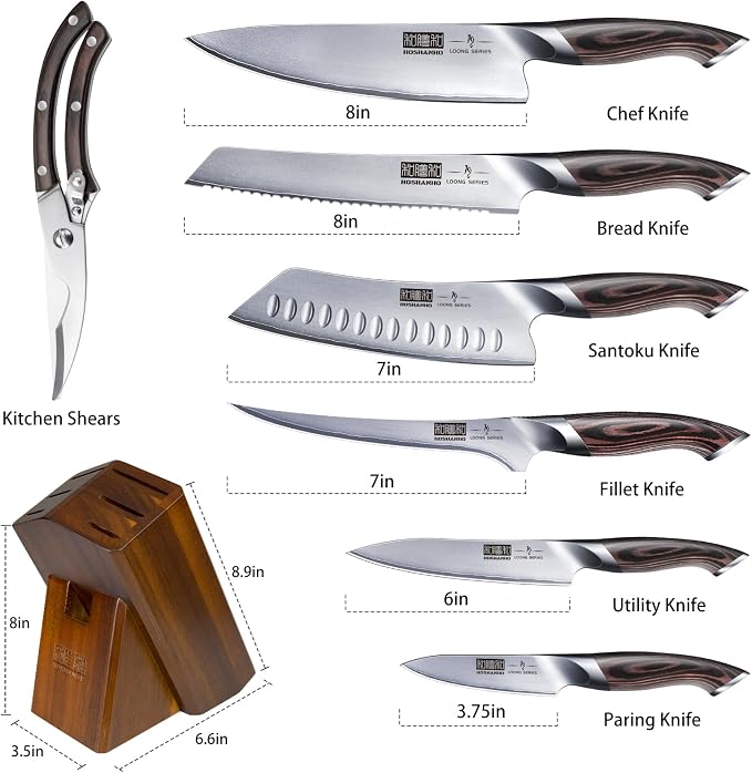 HOSHANHO 8PCS Kitchen Knife Set, Ultra Sharp Japanese Knife Sets with Block | Japanese High Carbon Super Steel Knife Block Set, Professional Chef Knife Set with Scissors, Ergonomic Handle, Ideal Gifts