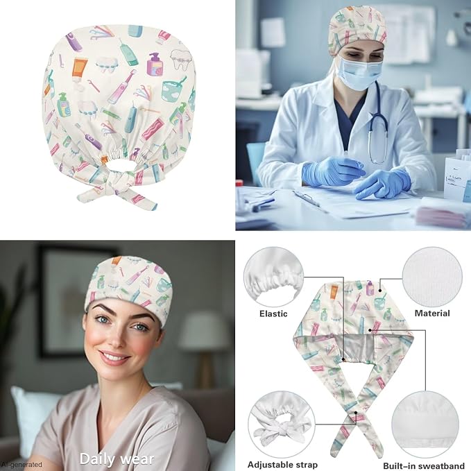 Gomyblomy Women's Scrubs Suit 3-Piece Set | Teeth Print V-Neck Top & Pants & Cap, Breathable and Stretch Fabric, S-5XL