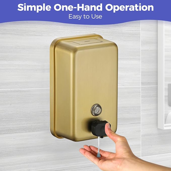 Stardrix Brushed Gold Stainless Steel Vertical 1100ml/37oz Capacity Commercial-Grade Soap Dispenser, Wall-Mounted Bathroom Hand Soap Dispenser with Corrosion-Proof Lining and Anti-Leak Pump