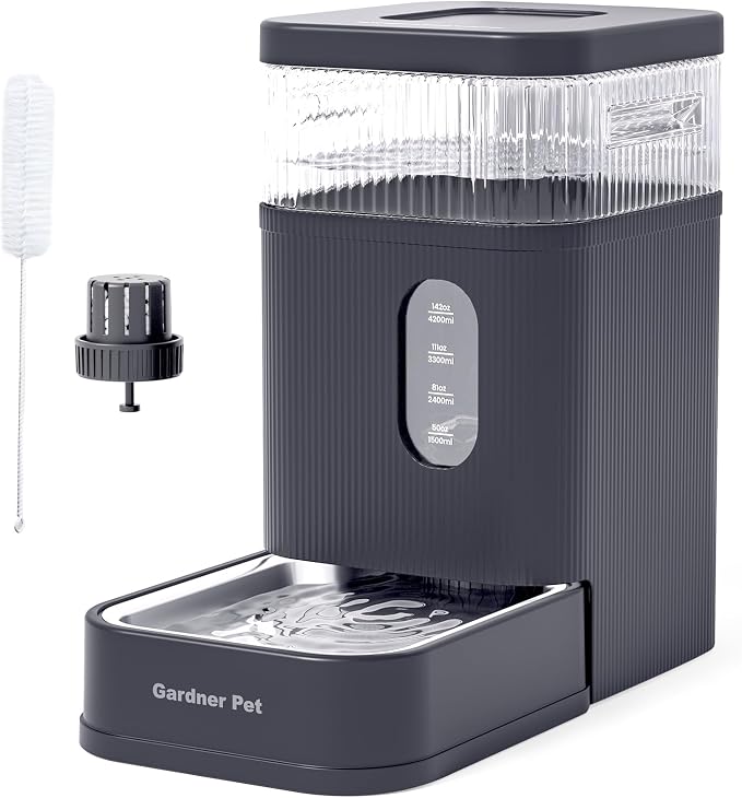 Gardner Pet 2.2 Gallon Automatic Dog Water Bowl Dispenser 8.5L Gravity Water Feeder with Stainless Steel Bowl & Maifan Stone Filter, BPA-Free for for Cats and Dogs (Grey, 2.2 Gallon)