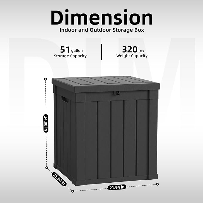 DRATO 51 Gallon Outdoor Storage Box Waterproof, Lockable Resin Deck Box for Patio Furniture, Pool Supplies & Garden Tools, Weatherproof Outside Storage Bin for Backyard Porch (Black, 51 Gallon)