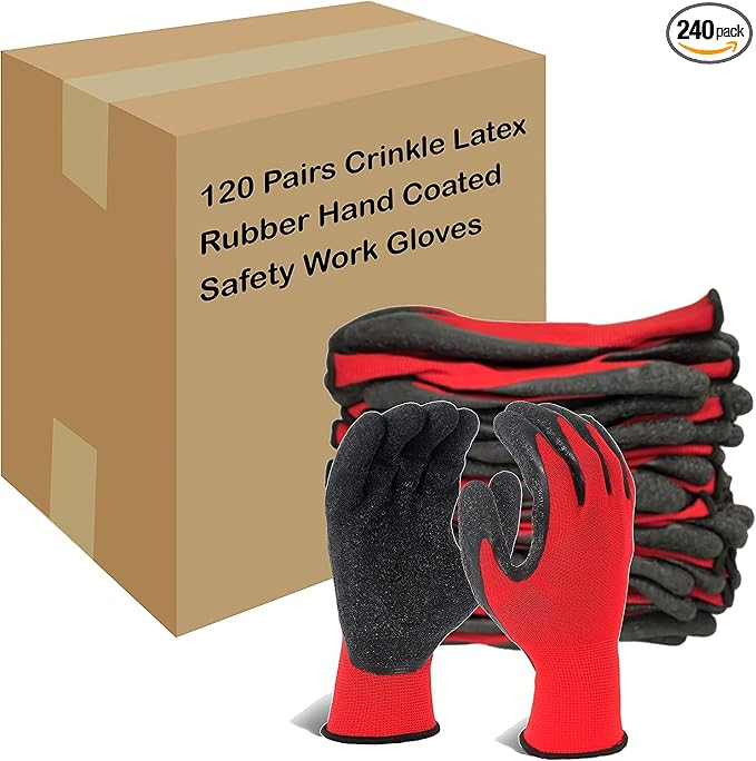 Evridwear Crinkle Latex Rubber Hand Coated Safety Work Gloves for Men Women General Multi Use Construction Warehouse Gardening Assembly Landscaping,Red Medium 120 Pairs Pack