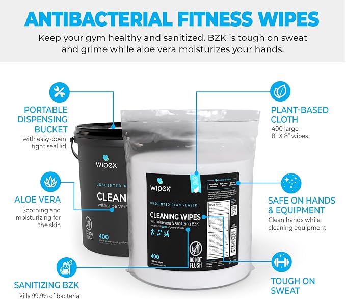 Wipex Fitness Sanitizing Wipes, 400ct Refill Rolls for Dispensers, Safe Sanitizing BZK and Aloe Vera, Unscented, Fits all Commercial Dispensers, (Refills Only - Antibacterial, 400 Count)