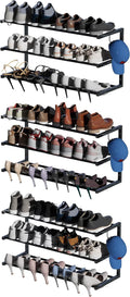 3 Pack Wall Mounted Shoe Rack, 3 Tier Hanging Shoe Rack Holds 36 Pairs, 17"-30"Adjustable Heavy Duty Metal Shoe Organizer Holder with 6 Storage Hooks, Space Saving for Closet Entryway Doorway（Black)