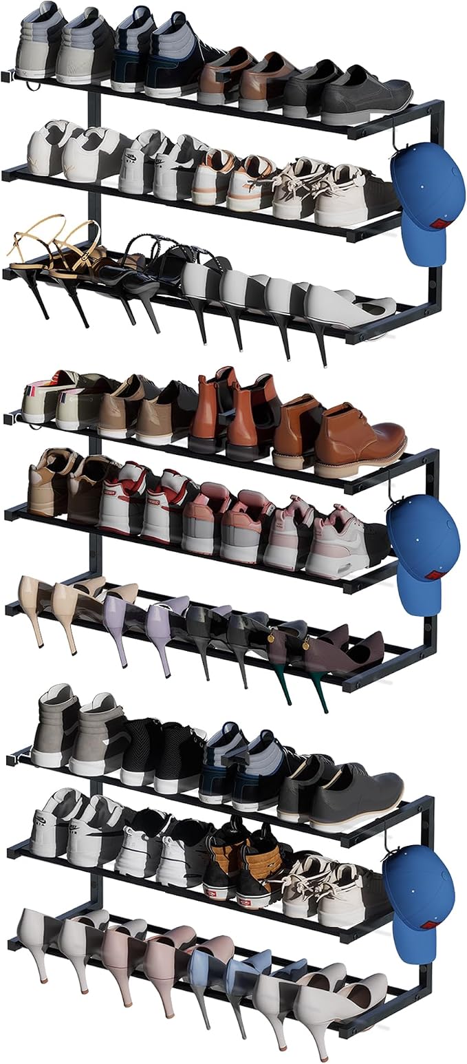3 Pack Wall Mounted Shoe Rack, 3 Tier Hanging Shoe Rack Holds 36 Pairs, 17"-30"Adjustable Heavy Duty Metal Shoe Organizer Holder with 6 Storage Hooks, Space Saving for Closet Entryway Doorway（Black)