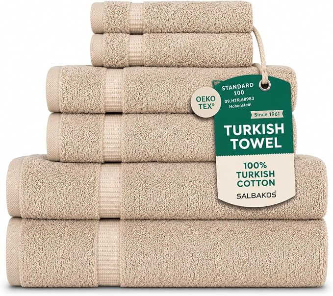 SALBAKOS 100% Turkish Cotton Bathroom Towel Set of 6-Piece, Taupe | 630 Gsm Thick Super Soft Highly Absorbent 2 Bath + 2 Hand + 2 Washcloth Towels Sets, Giftable, Hotel Quality, Made in Turkey