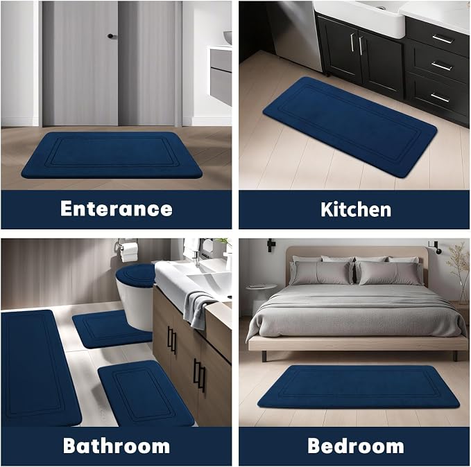 YIHOUSE Memory Foam Bath Mat Set, Bathroom Rugs Sets 2 Pieces, Non Slip Bath Mats for Bathroom, Super Soft and Water Absorbent Bath Rug Set, Machine Washable U Shape Toilet Rug,Dark Blue