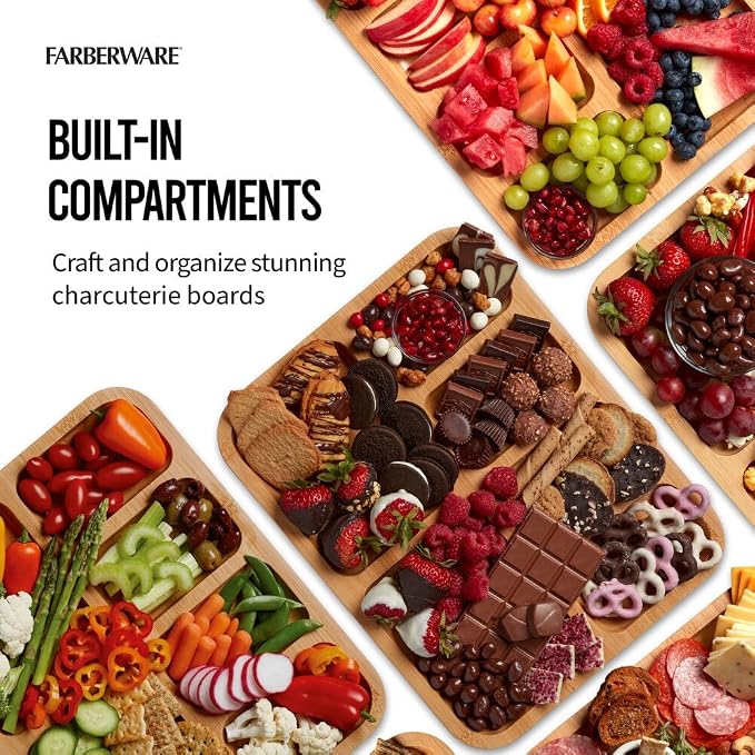 Farberware Bamboo Cutting Board with Clear Locking Lid, 11 x 14 Inch Build-A-Board Charcuterie Board with 6 Compartments for Food Prep, Snack Tray, and Entertaining