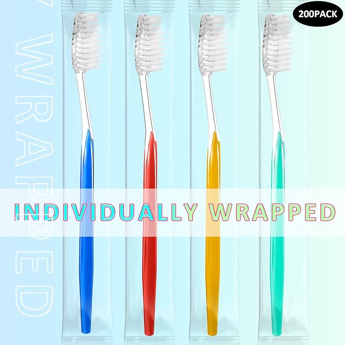 Patelai 200 Pcs Disposable Travel Toothbrush Bulk Individually Wrapped Toothbrush Pack Medium Soft Bristle Manual Disposable Colorful Tooth Brush for Adult Work Travel Hotel Donation (Vivid)