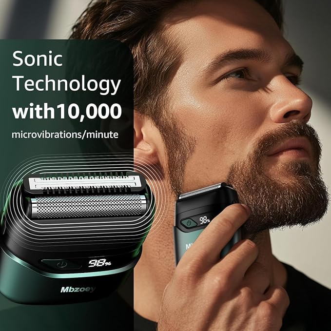 Mbzoey Electric Foil Shavers for Men: IPX7 Waterproof - Emerald Green | Mini Razor for Travel- Face Shaver with LED Display & USB-C Fast Charge - Micro-Comb Technology & Precision Blades
