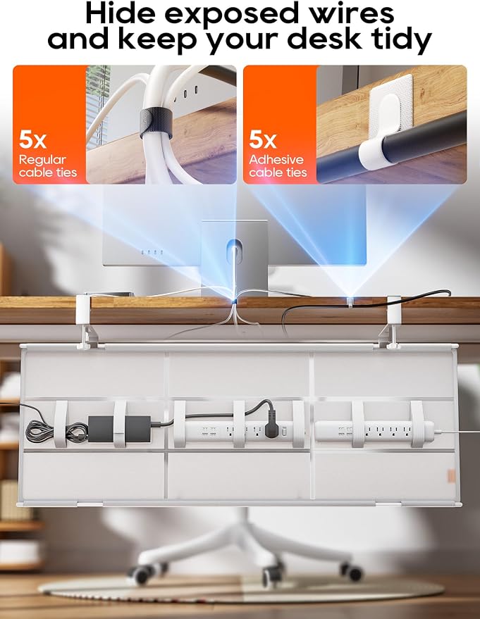 39" No Drill Under Desk Cable Management Tray (White) | Fire-Resistant Thickened Nylon Material, Clip-on Cord Organizer to Hide Power Strip, Heat Dissipation Mesh Design, for Office