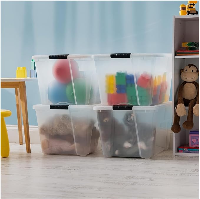 IRIS USA 54 Qt Stackable Plastic Storage Bins with Lids, 8 Pack - BPA-Free, Made in USA - See-Through Organizing Solution, Latches, Durable Nestable Containers, Secure Pull Handle - Clear