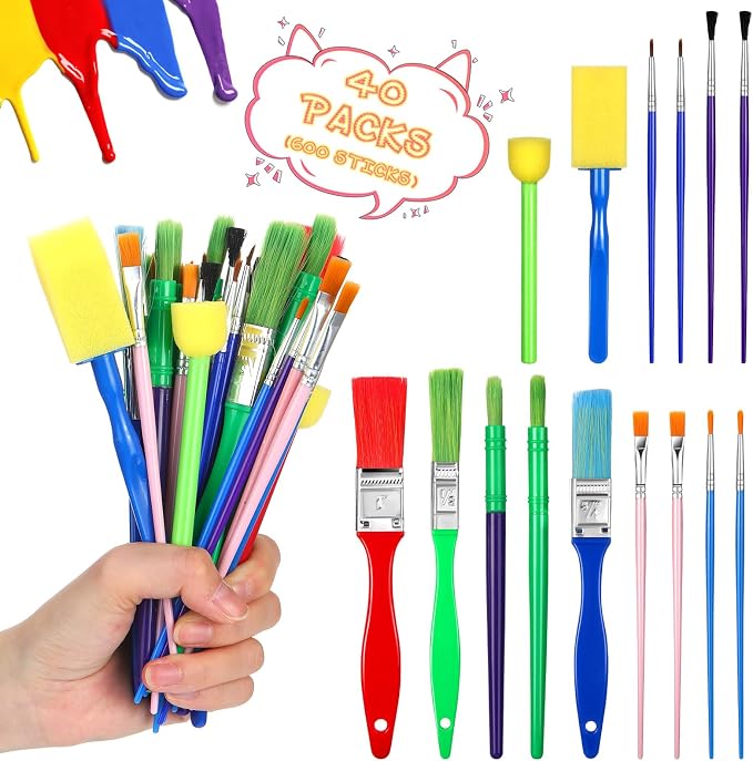 Lincia 600 Pcs All Purpose Paint Brush Set Bulk for Acrylic and Washable Paints, Easy to Clean and Hold, Round and Flat Kids Brushes, Great with Watercolors