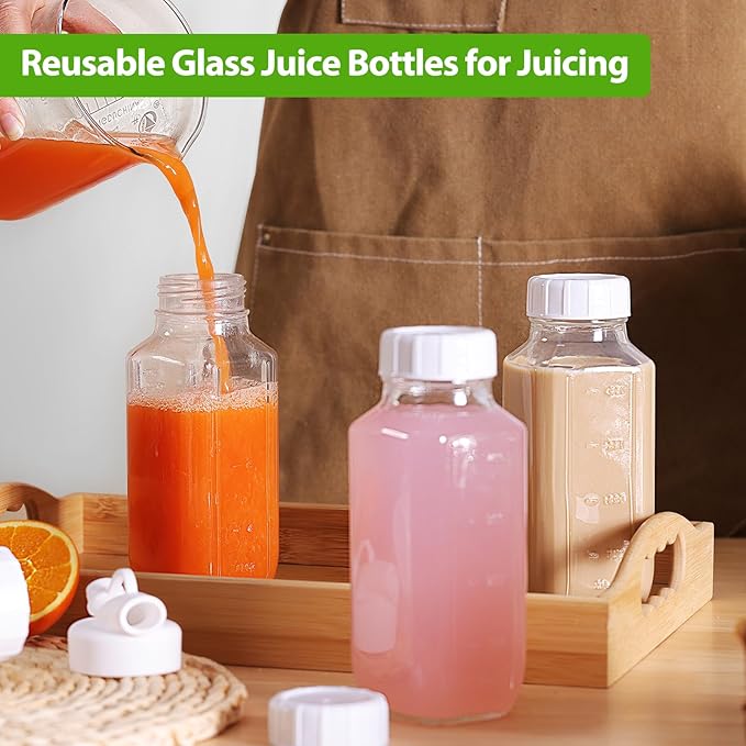 Moretoes Glass Milk Container for Lunch Box, 3 Pack 16 Oz Glass Milk Bottles with Lids, Clear Juice Bottles with 1 Pour Spouts, Reusable Water Bottles with Airtight Caps & Scale for Juicing Containers