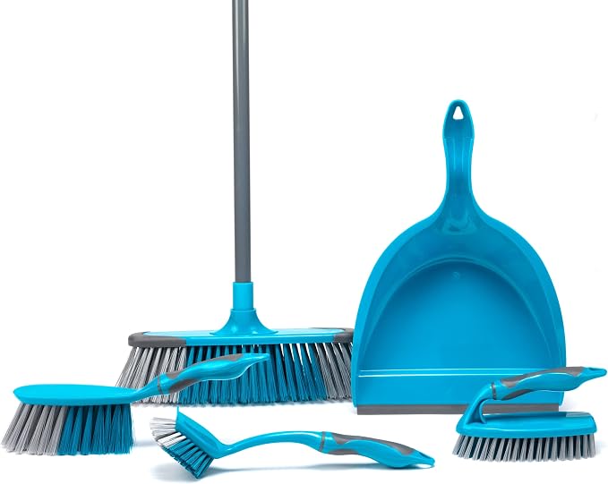 Beldray LA024152TQ Cleaning Bundle with Broom, Dustpan and Brush Set, Scrubbing Brush & Dish Brush, Long Handled Indoor Floor Sweeping, Washing Up Brushes, Bathroom/Tile/Grout Cleaner, Soft Grip, Blue
