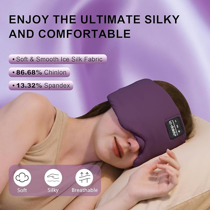 LC-dolida Bluetooth 5.4 Sleep Mask, Ice Silk Sleep Headphones for Side Sleepers, Adjustable Blackout Eye Mask with Bluetooth Headphones, Ultra-Soft Sleeping Mask for Women & Travel (Purple)