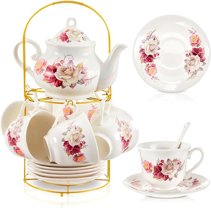 Zhehao 20 Pcs Porcelain Tea Set with Metal Holder and Spoon Adult Ceramic Tea Set European Flower Painting Teapot Cup Saucer Spoon for Women Mom Gift, Large Version (Grace Style)