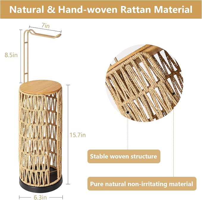 Freestanding Toilet Paper Holder with Storage,3 Rolls of Tissue Holder for Bathroom,Handmade Woven Toilet Paper Roll Holder Stand,Rattan Sturdy Boho Bathroom Decor Farmhouse Toilet Paper Storage