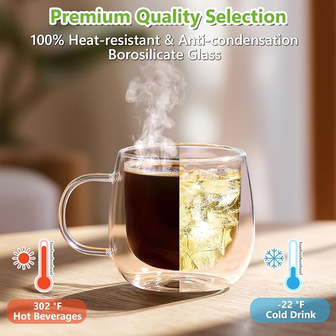 4 Pack Double Walled Glass Coffee Mugs, 16 oz Large Insulated Clear Coffee Cups with Handle, Cappuccino Mug for Espresso, Latte, Americano, Tea Bag, Beverage, Heat & Cold Resistant