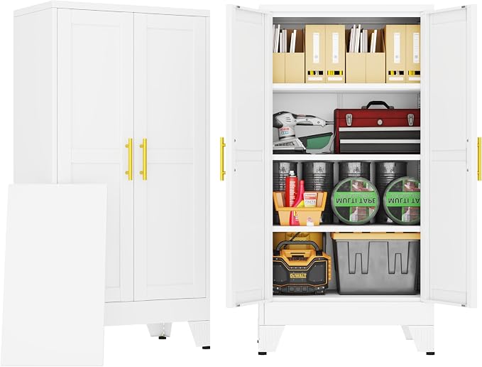PAOFIN Metal Storage Cabinet with 2 Doors and 3 Adjustable Shelves, Metal Garage Storage Cabinets, File Cabinet,Steel Tool Cabinets for Home,Office,Garage,School,Warehouse (White)