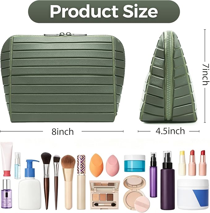 Travel Makeup Organizer Bag with Fold-Down Design and Adjustable Dividers, 27 Pockets & 3 Brush Storage Holders, Large Capacity Cosmetic Bags Toiletry Case - Dark Green